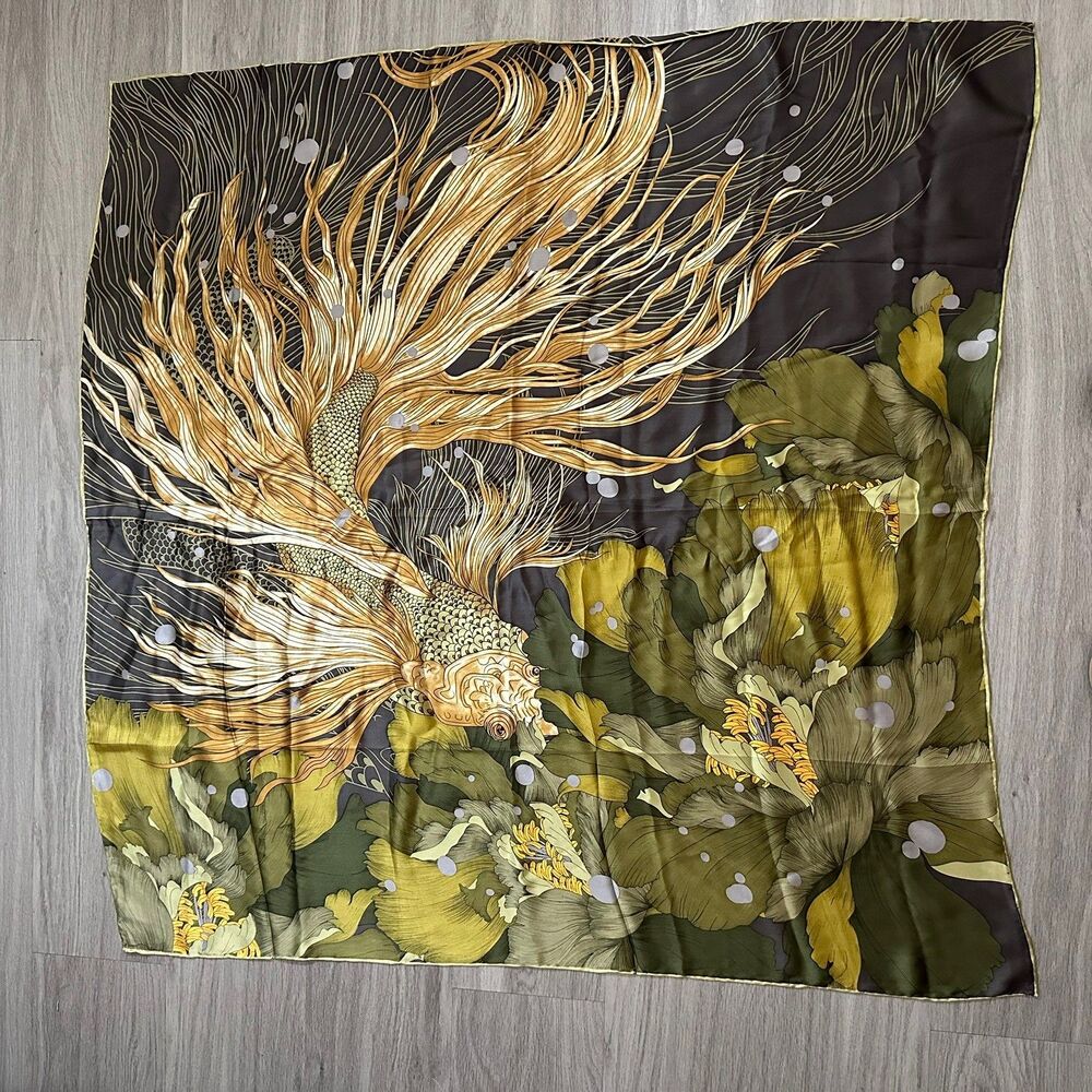 100% Silk Scarf Women Goldfish Kerchief Square Bandana Wrap Satin Luxe Artsy New